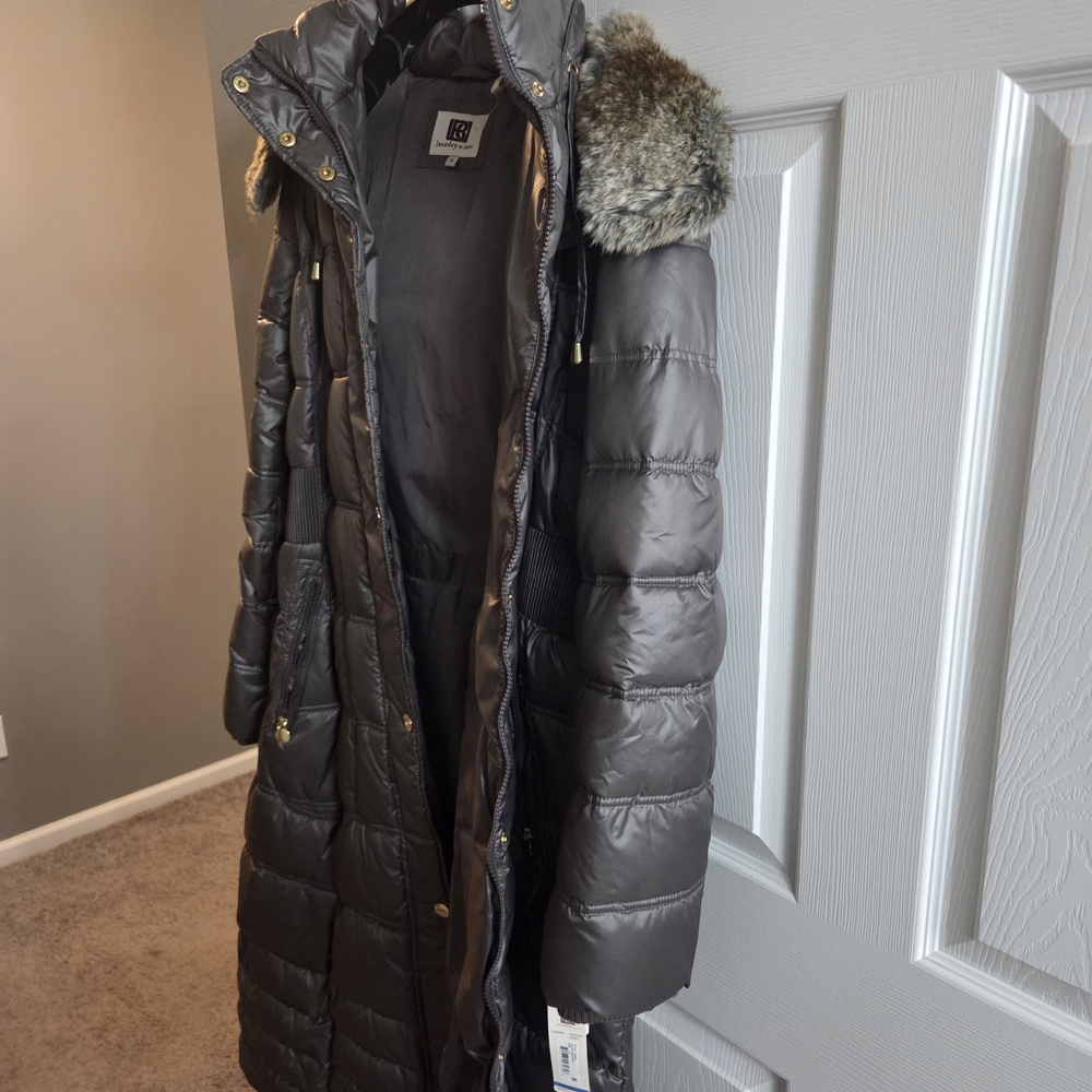 Laundry By Shelli Segal Charcoal Puffer Coat with Faux Fur Trim